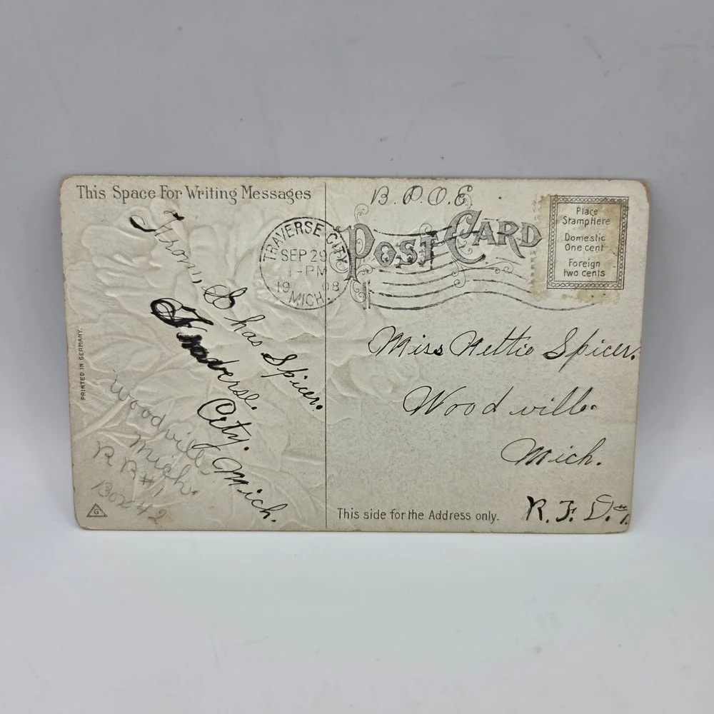 Vintage‎ 1908 Embossed Red Rose Postcard With Best Wishes Traverse City Michigan